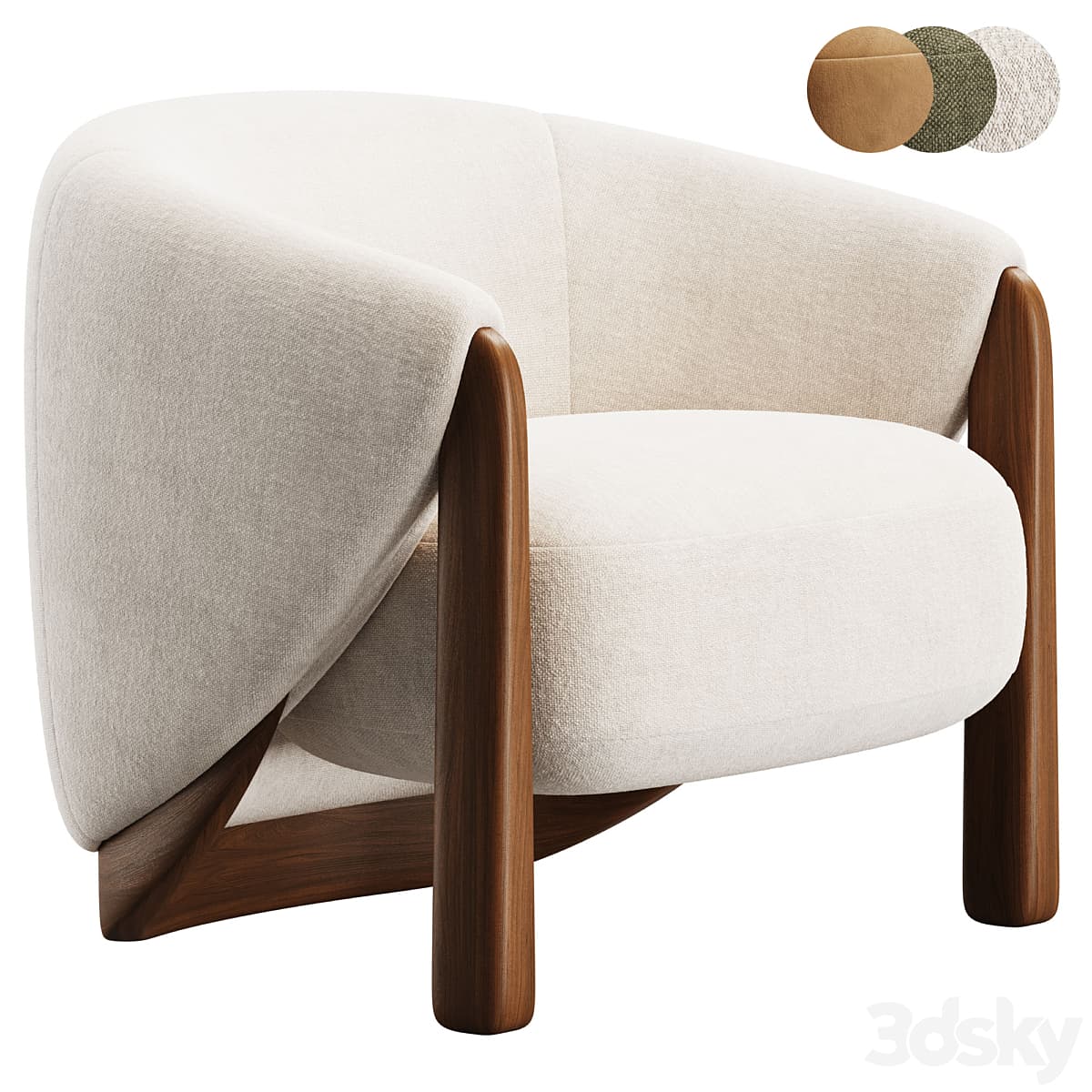 A modern lounge chair featuring a distinctive curved upholstered back and seat, supported by an exposed dark wood frame. — 3D model
