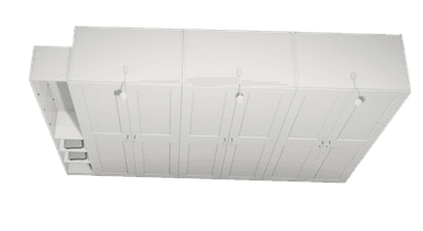A large, white modular storage system consisting of multiple double-door wardrobe units and an open shelving section, featuring Shaker-style doors, sleek silver-toned handles, and integrated lighting on the top surface. — 3D model