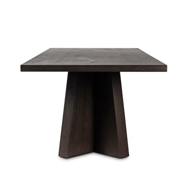 A rectangular dining table crafted from dark-stained wood, featuring a thick tabletop supported by two robust, trapezoidal pedestal bases. The design is contemporary and minimalist. — 3D model