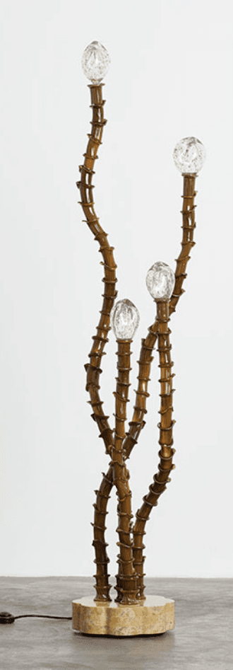A tall floor lamp featuring multiple intertwined stems crafted to resemble bamboo, rising from a solid marble pedestal base and topped with clear, textured spherical glass shades. The design evokes an organic, naturalistic aesthetic. — 3D model