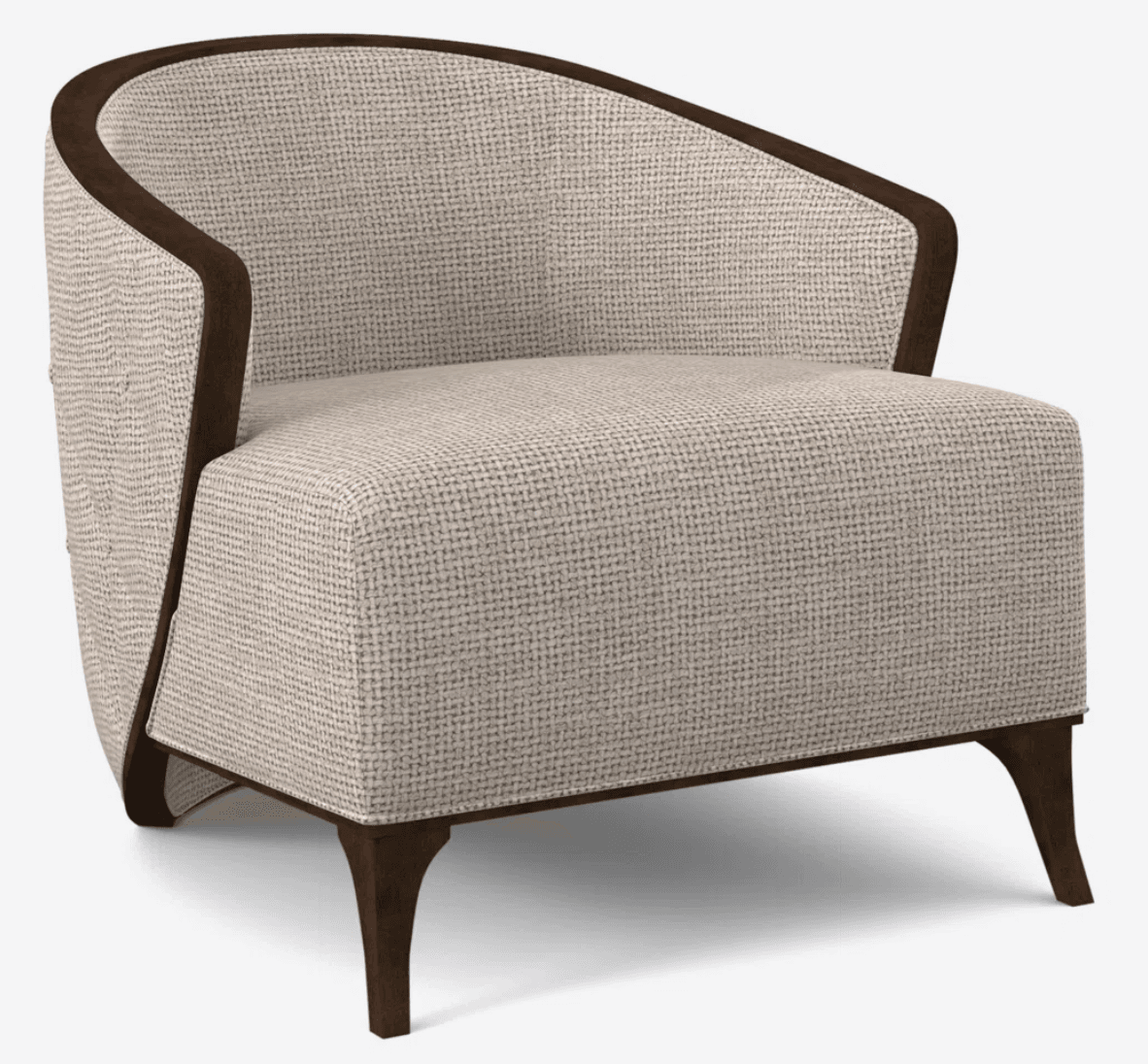 A medium-sized upholstered armchair featuring a rounded, barrel-back design. The chair is upholstered in a light beige, textured fabric and features exposed dark wood trim along the top edge and outer back. It stands on four subtly tapered dark wood legs. — 3D model