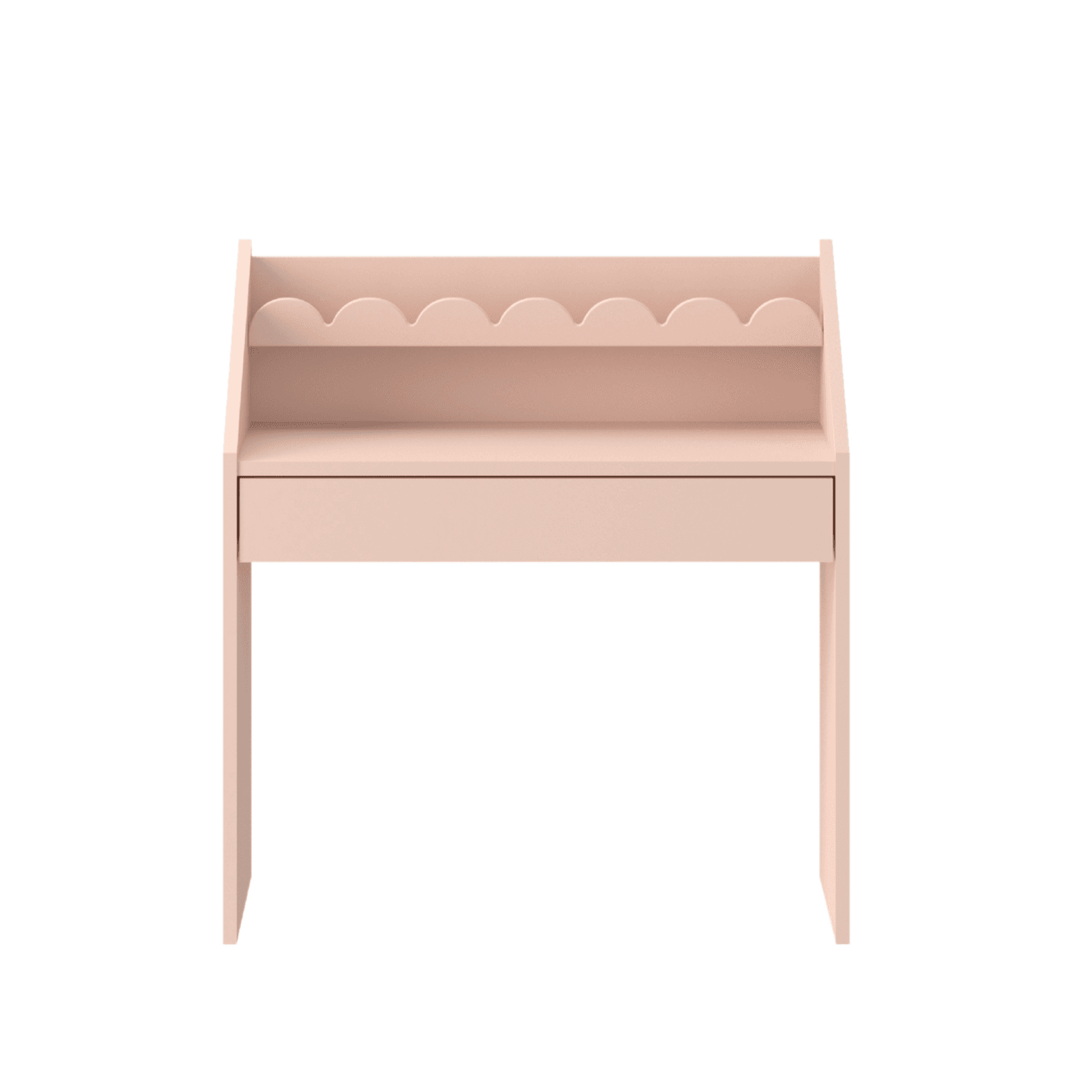 A blush pink children's desk featuring a flat desktop surface, a single pull-out drawer, and a distinctive back panel. The back panel incorporates a small, elevated shelf topped with a playful scalloped edge design. The desk is supported by two thick, rectangular slab-like legs that provide stability. The entire piece is finished in a matte, light pink color, presenting a whimsical and modern aesthetic. — 3D model