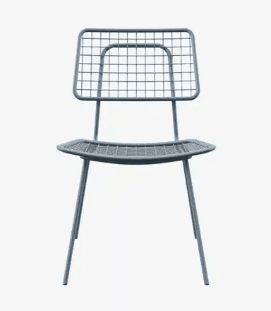 An armless chair constructed from light blue-gray powder-coated metal, featuring a grid or mesh pattern for both the seat and backrest, supported by a thin tubular metal frame and four splayed legs. — 3D model