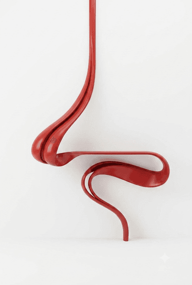 A vibrant red, avant-garde, wall-mounted console table featuring fluid, sculptural lines and a narrow display surface. — 3D model