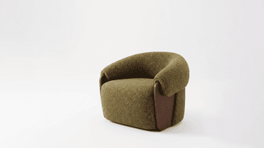 A modern lounge chair featuring a distinctive rounded and plush form, upholstered in a textured olive green fabric, with elegant dark wood panels integrated into the lower sides. — 3D model