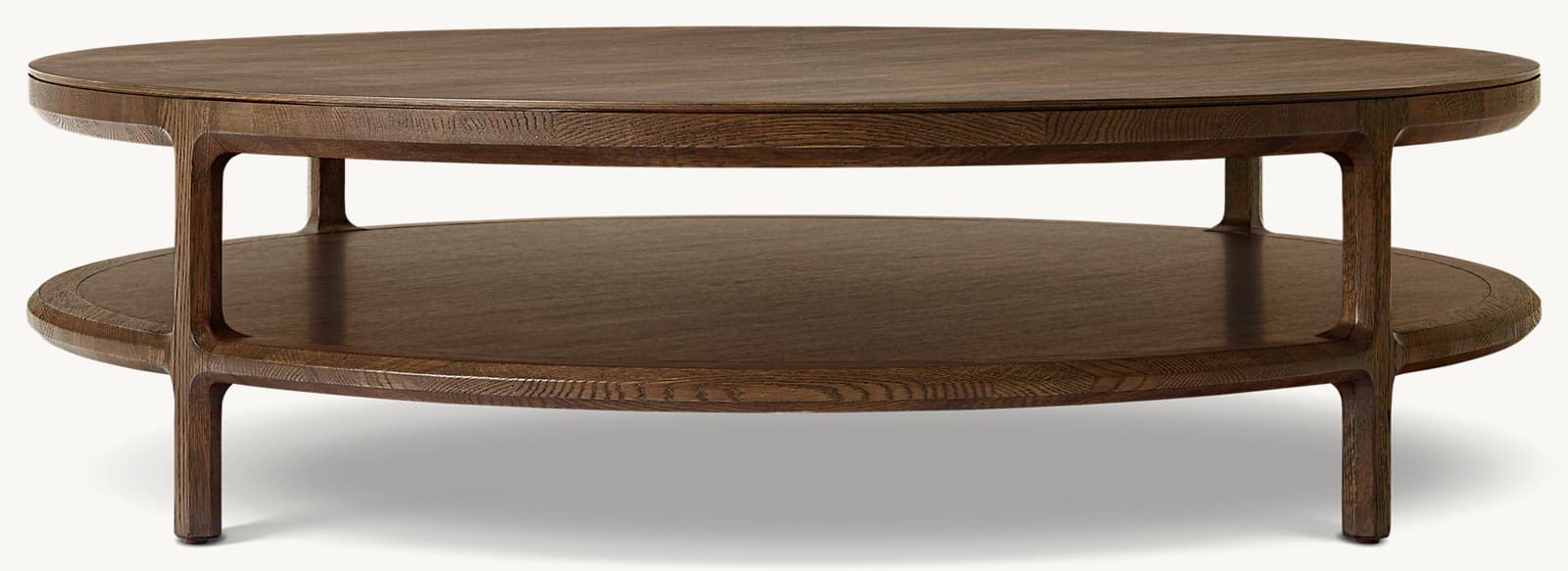 A two-tiered, oval coffee table with a solid wood construction. The table features a thicker top surface and a thinner lower shelf, both with gently rounded edges. The structure is supported by four minimalist legs that are integrated into the sides of the oval frame, creating a sleek and modern profile. — 3D model