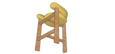 A bar-height or counter-height stool featuring a light-colored wooden frame with horizontal stretchers serving as footrests, and a fully upholstered, U-shaped yellow cushion forming both the seat and the integrated backrest and armrests. — 3D model