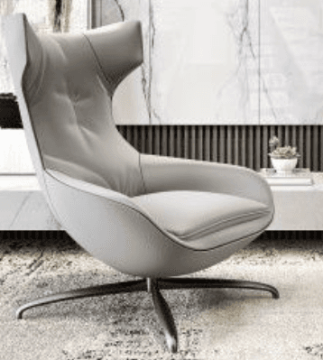 A modern, light grey upholstered lounge chair featuring a high back with integrated armrests and a sculptural shell form, supported by a polished four-star swivel metal base. The upholstery shows subtle tufting on the backrest. — 3D model