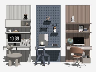 A modern wall-mounted unit featuring a dark blue/grey pegboard back panel, a white floating desk surface, and two white floating shelves. An integrated mirror is set into the pegboard above the desk surface. The unit is accompanied by a uniquely shaped dark blue/grey chair with tubular, padded legs and backrest. Various small decorative objects, a lamp, and a digital clock are displayed on the shelves and desk. — 3D model