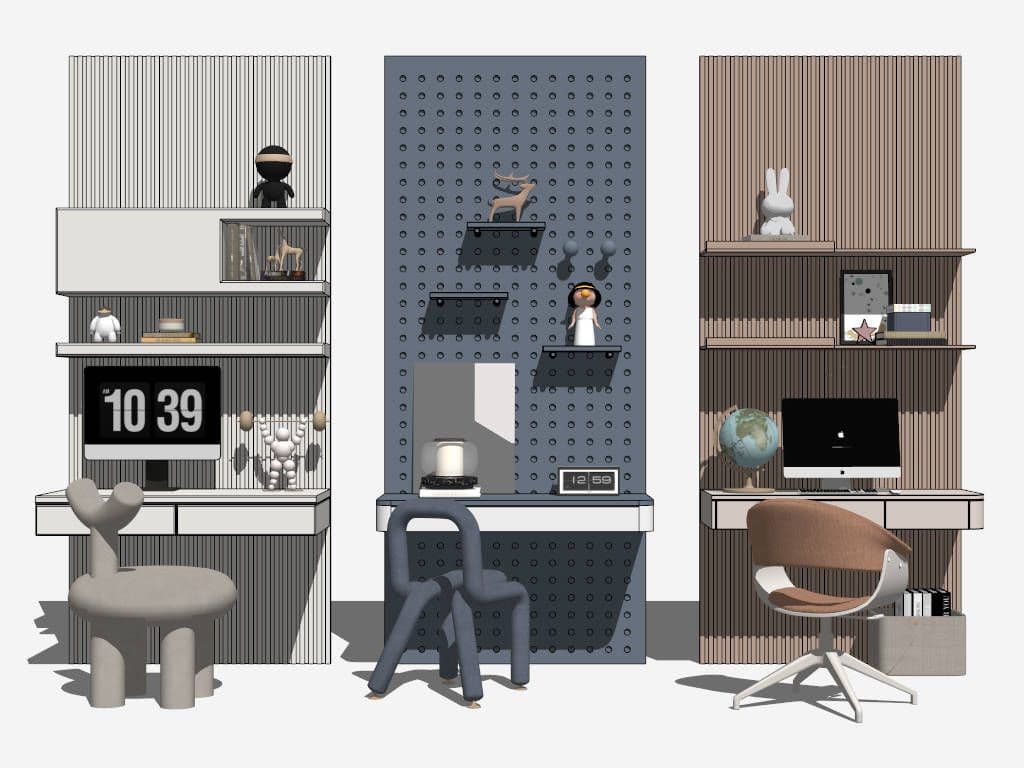 A modern wall-mounted unit featuring a dark blue/grey pegboard back panel, a white floating desk surface, and two white floating shelves. An integrated mirror is set into the pegboard above the desk surface. The unit is accompanied by a uniquely shaped dark blue/grey chair with tubular, padded legs and backrest. Various small decorative objects, a lamp, and a digital clock are displayed on the shelves and desk. — 3D model