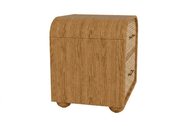 A two-drawer nightstand with a rounded top and curved sides. The drawer fronts are made of cane webbing, framed by a wooden border. The nightstand is supported by two rounded feet at the front. It features brass-colored bar handles on each drawer. — 3D model
