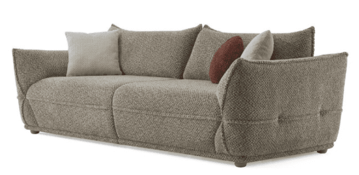A three-seater sofa with a textured fabric upholstery. The sofa features wide, curved armrests and a low profile. It includes multiple throw pillows for added comfort. The design appears contemporary. — 3D model