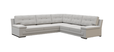 An L-shaped sectional sofa with a modern design, upholstered in a light gray fabric. It features button-tufted back cushions and wide, flat armrests, resting on low-profile feet. — 3D model