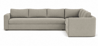 A contemporary L-shaped sectional sofa upholstered in a light greige fabric. It features a deep seating design with thick, plush seat cushions and loose back cushions, resting on a low-profile base. — 3D model