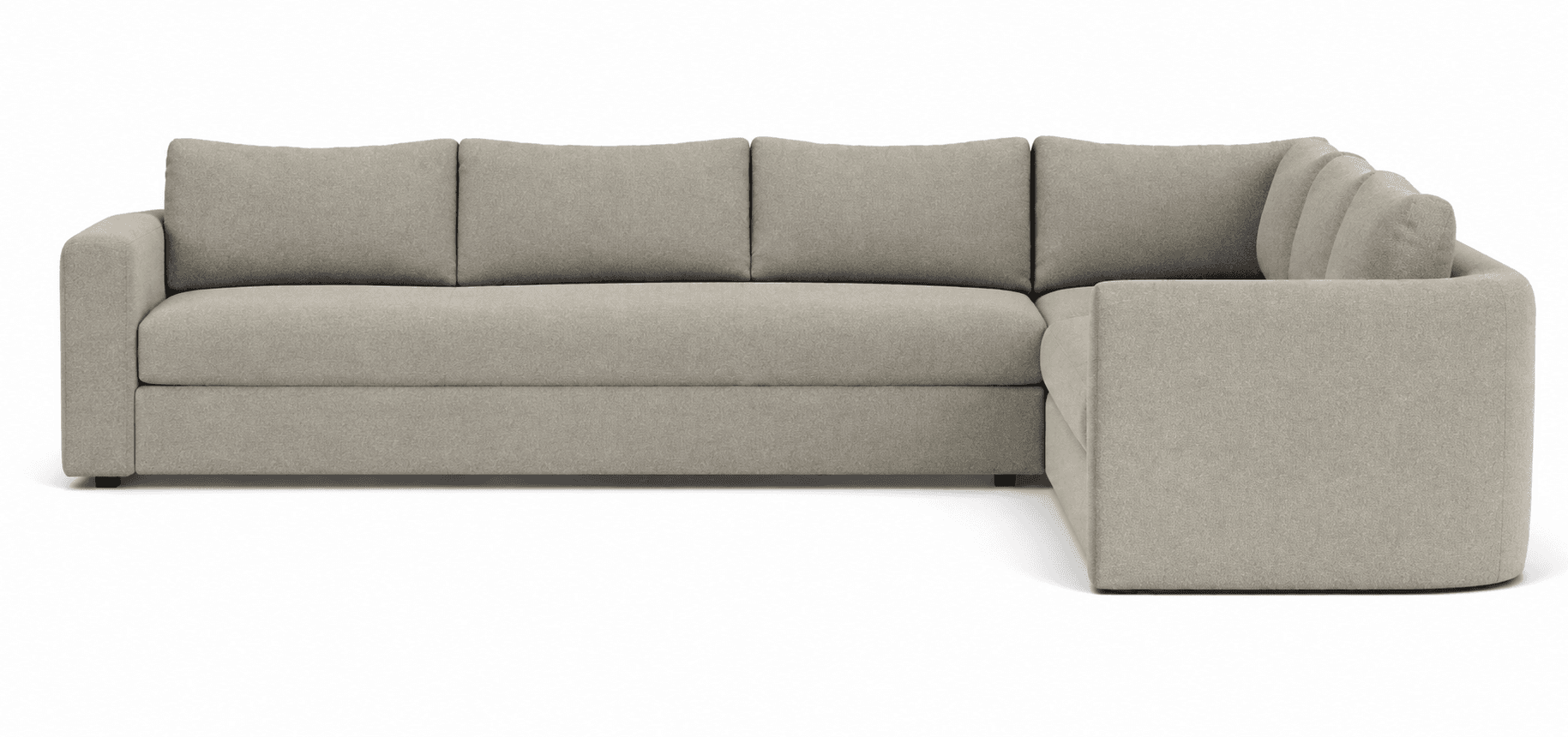 A contemporary L-shaped sectional sofa upholstered in a light greige fabric. It features a deep seating design with thick, plush seat cushions and loose back cushions, resting on a low-profile base. — 3D model