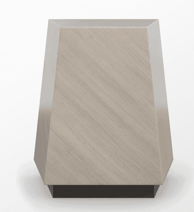 A modern cabinet with a trapezoidal body, wider at the top and narrowing towards the bottom. It stands on a dark, rectangular base. The main body features a light-colored wood veneer with a linear, diagonal grain pattern. The top surface appears to be a solid, lighter color, possibly a contrasting wood or laminate. The design is minimalist and contemporary. — 3D model