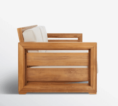 A contemporary three-seater outdoor sofa featuring a sturdy teak wood frame and three plush, off-white upholstered cushions for both the seat and backrest. The frame has a slatted design on the armrests and visible wood grain, indicating natural material and construction suitable for outdoor use. — 3D model