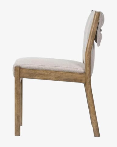 A modern dining chair with a wooden frame and upholstered seat and backrest. The frame has a natural wood finish and appears to be constructed from solid wood. The seat and backrest are covered in a light-colored, textured fabric. The design is minimalist with clean lines and a slightly curved back. — 3D model