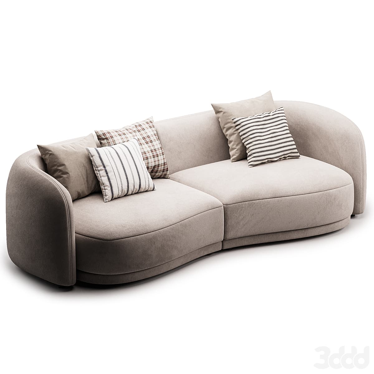 A contemporary curved sofa upholstered in a light beige fabric, featuring a modular design with two seat sections and integrated rounded armrests and back. — 3D model