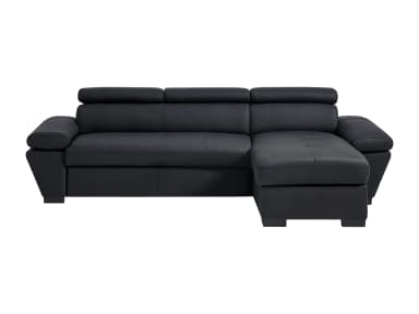 A modern black sectional sofa with a chaise lounge. The sofa features adjustable headrests and tufted seat cushions. It has a low profile and is supported by block feet. — 3D model