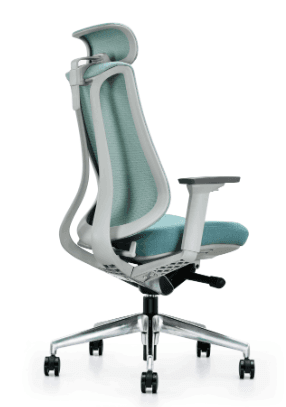 A modern ergonomic office chair with a high back, integrated headrest, and padded seat. It features adjustable armrests, a wheeled base for mobility, and a tilt mechanism. The seat and backrest are upholstered in a textured mesh fabric, and the seat cushion is made of a denser upholstered material. — 3D model