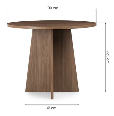A modern round table with a dark walnut wood finish and a distinctive pedestal base composed of four intersecting, angled panels. — 3D model