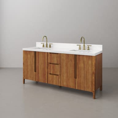 A double vanity cabinet with a white countertop, featuring two integrated sinks and brass faucets. The cabinet base is made of wood with a prominent grain pattern and has a configuration of two cabinet doors on the left, three drawers in the center, and one cabinet door on the right. The handles are integrated and made of a dark material, possibly bronze or dark brass. The unit is supported by four angled legs. — 3D model