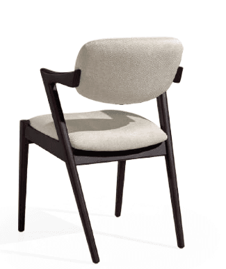 A close-up, studio shot of an armchair with a dark wood frame and upholstered seat and backrest. The armchair features a curved, supportive back and armrests with a distinct angular design. The upholstery is a textured, light-colored fabric. — 3D model