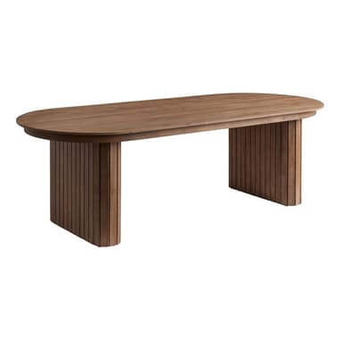 A modern oval wooden coffee table featuring a smooth, rounded racetrack-shaped top and two substantial, rectangular support bases with a vertical fluted or slatted design. — 3D model