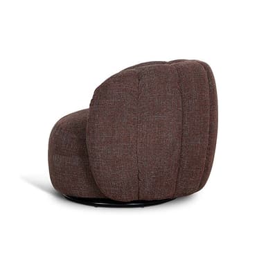 A contemporary upholstered swivel barrel chair featuring a rounded silhouette and a plush, textured fabric in a heathered brown and maroon color. The chair sits on a concealed dark swivel base. — 3D model