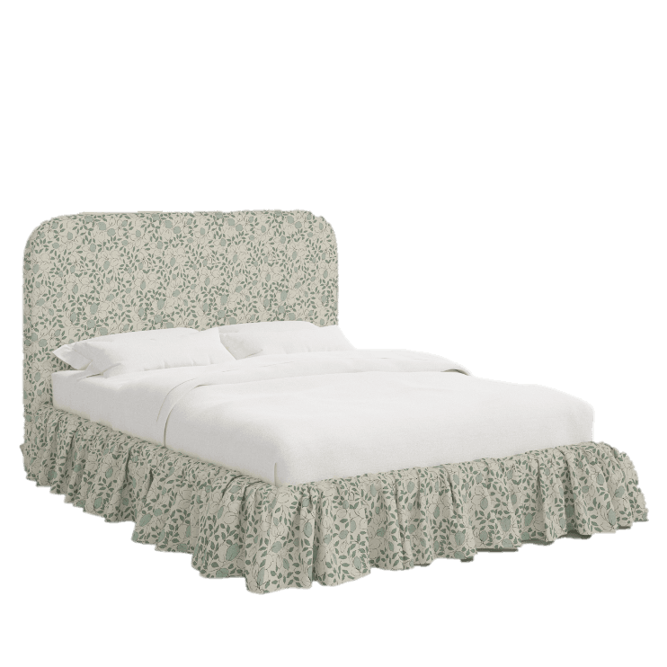 A bed frame with a upholstered headboard and a matching dust ruffle. The headboard has a rounded top. The bed is dressed with white linens and pillows. The dust ruffle is floor-length and has pleats around the bottom edge. Both the headboard and dust ruffle are covered in a fabric with a repeating pattern of green leaves and light blue/green fruit or seed pods on a cream background. — 3D model
