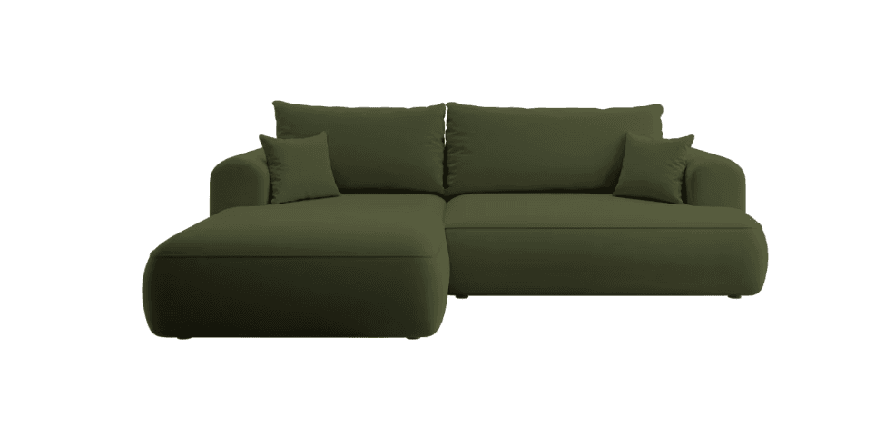 A sectional sofa with a chaise lounge. The sofa features a low profile, deep seating, and rounded armrests. It is upholstered in a soft, matte fabric and includes several throw pillows. The color is a muted olive green. — 3D model