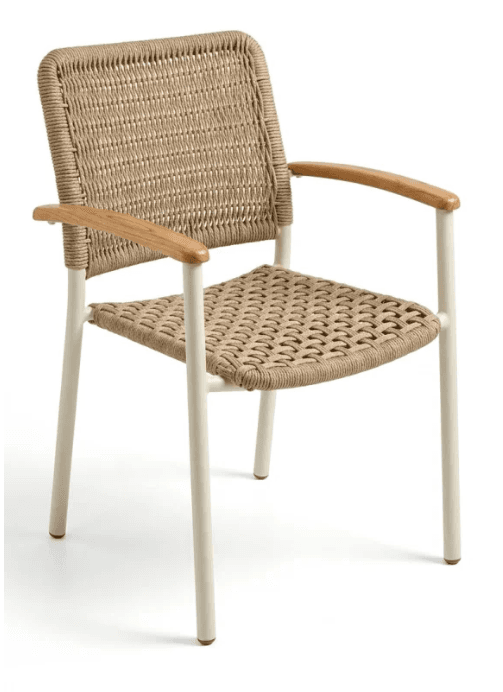A contemporary outdoor armchair featuring a light beige woven rope seat and back, a cream-colored tubular metal frame, and light natural wood armrests. The chair has a minimalist design with straight legs and a slightly reclined back. — 3D model