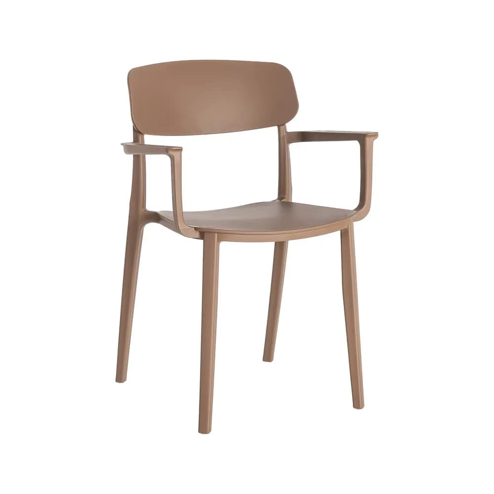 A contemporary armchair constructed from a single mold of taupe plastic, featuring integrated armrests and a slightly curved backrest. The design is minimalist and functional. — 3D model