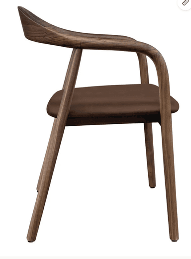 A modern armchair featuring a dark brown wooden frame with a curved backrest and integrated armrests, complemented by a padded dark brown upholstered seat. — 3D model