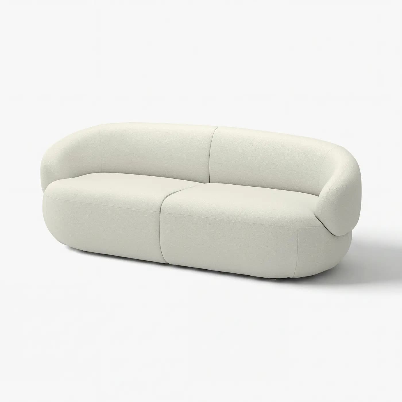 A contemporary two-seater sofa featuring a distinctively curved and organic silhouette, upholstered in a light-colored, textured fabric. The design is armless with a low profile, emphasizing soft, rounded forms and a cohesive, enveloping shape. — 3D model