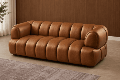 A contemporary three-seater sofa characterized by its distinctive channel-tufted design and low-profile silhouette, upholstered in a warm brown leather. — 3D model
