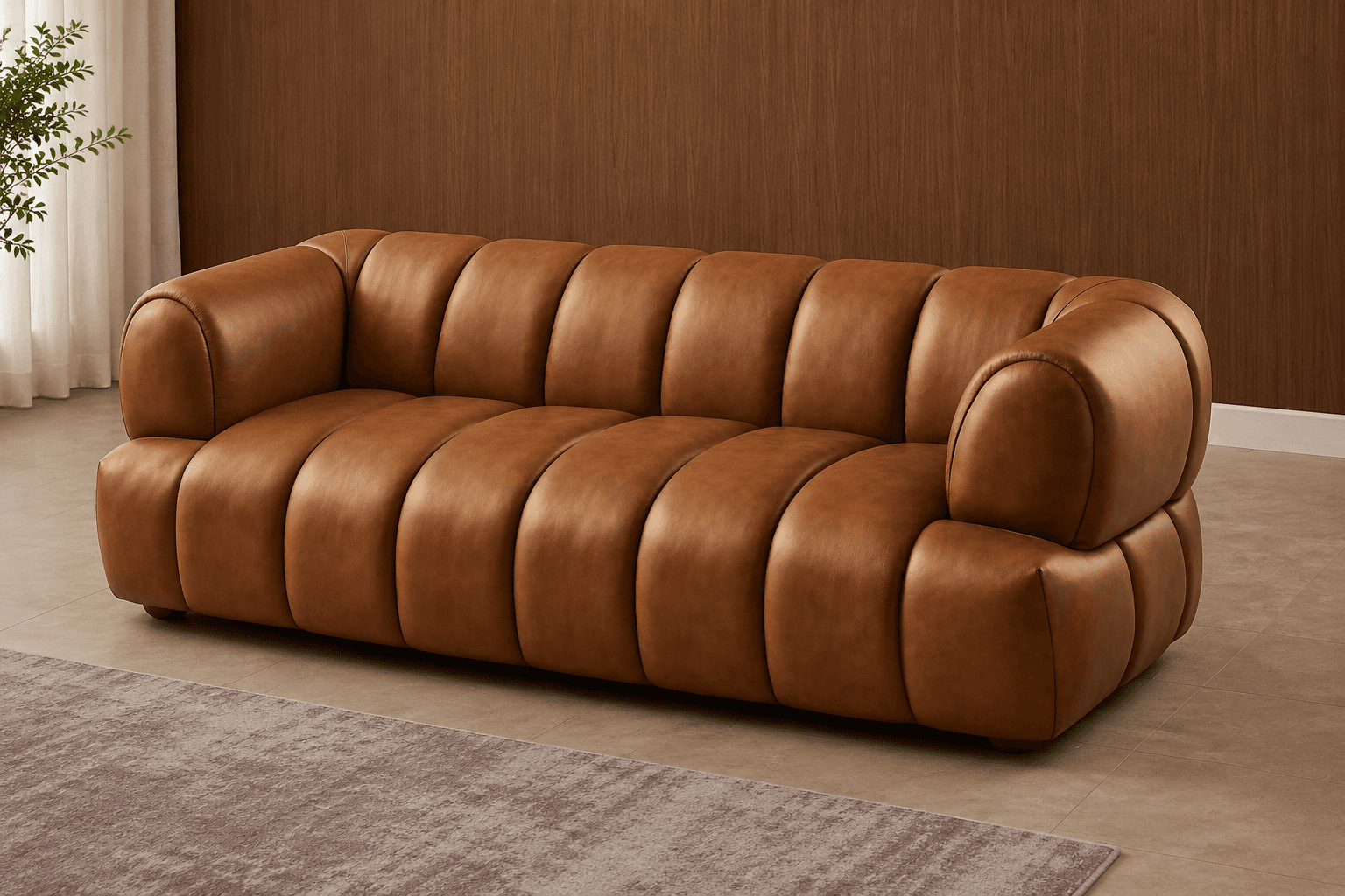 A contemporary three-seater sofa characterized by its distinctive channel-tufted design and low-profile silhouette, upholstered in a warm brown leather. — 3D model