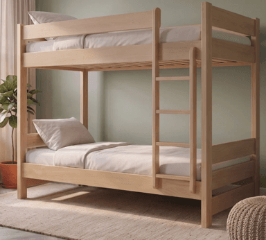 A minimalist twin bunk bed constructed from light-toned natural wood, featuring a simple, sturdy design. The bed includes two stacked sleeping platforms, each with a slatted base for mattress support, and an integrated ladder on the right side for access to the top bunk. Both upper and lower bunks are equipped with safety rails on all open sides, and the overall aesthetic is clean and contemporary. — 3D model