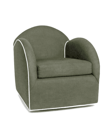 A single-seat armchair with a rounded back and arms, upholstered in a textured fabric. It features contrasting white piping along the edges of the arms, back, and base. The chair has a square, low-profile base that appears to be made of a polished metal. — 3D model