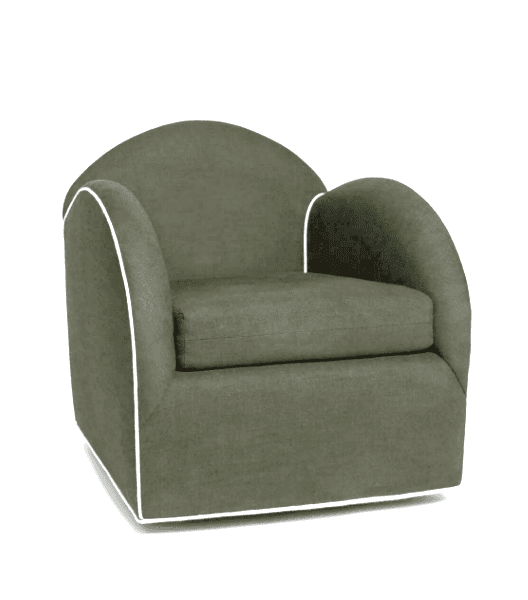 A single-seat armchair with a rounded back and arms, upholstered in a textured fabric. It features contrasting white piping along the edges of the arms, back, and base. The chair has a square, low-profile base that appears to be made of a polished metal. — 3D model