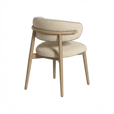 A modern dining chair with a gently curved upholstered backrest and seat. The frame and legs are constructed from wood, and the upholstery is a textured fabric in a neutral tone. The design features clean lines and a minimalist aesthetic. — 3D model