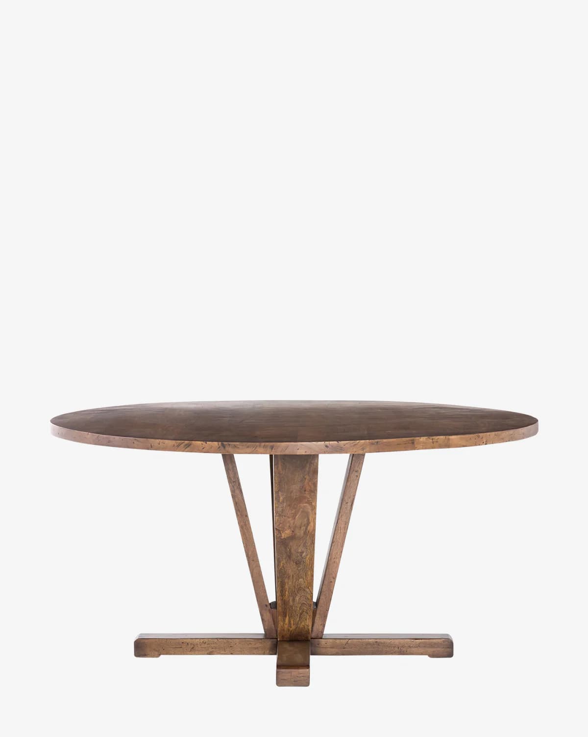 A round dining table with a dark wood finish. The table features a thick, solid top with a slightly irregular edge, suggesting a natural or handcrafted aesthetic. The pedestal base consists of a central vertical support from which angled legs extend outwards and downwards, terminating in a horizontal stretcher base that provides stability. The overall design appears robust and substantial. — 3D model