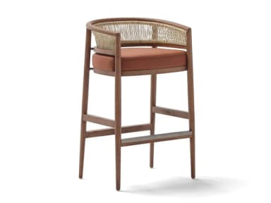 A modern bar stool with a curved wooden frame, featuring a woven rope backrest and a brown upholstered seat. The stool has four tapered legs connected by horizontal supports, and a metallic footrest. — 3D model