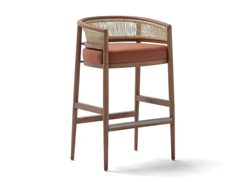 A modern bar stool with a curved wooden frame, featuring a woven rope backrest and a brown upholstered seat. The stool has four tapered legs connected by horizontal supports, and a metallic footrest. — 3D model