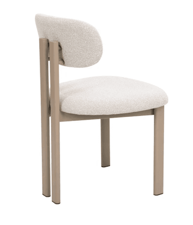 A contemporary armless chair featuring an upholstered seat and a detached, rounded backrest. The chair is supported by four straight, cylindrical metal legs in a matte light beige or taupe finish. The upholstery is a textured, light cream or off-white fabric. — 3D model