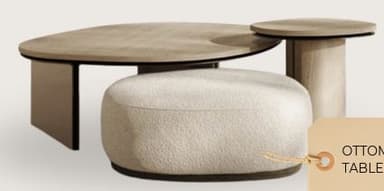 A contemporary modular furniture set featuring an organic-shaped coffee table, a cylindrical side table, and a rounded upholstered ottoman. The tables are constructed from light-toned wood with dark base accents, while the ottoman is covered in a textured, light-colored boucle fabric. — 3D model
