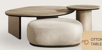 A contemporary modular furniture set featuring an organic-shaped coffee table, a cylindrical side table, and a rounded upholstered ottoman. The tables are constructed from light-toned wood with dark base accents, while the ottoman is covered in a textured, light-colored boucle fabric. — 3D model