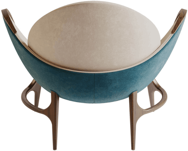 A modern armchair with a curved, organic silhouette. The chair features a high back that wraps around to form armrests. The exterior shell is upholstered in a dark teal fabric, contrasting with the light beige upholstered interior seating and backrest. The frame and legs are constructed from dark wood with a visible grain, exhibiting a sleek, minimalist design. — 3D model