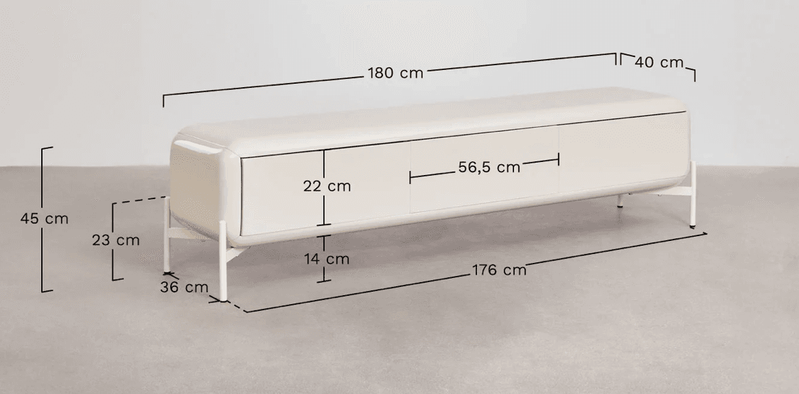 A low-profile, elongated sideboard with a rounded rectangular form. It features three cabinet doors across the front and stands on four slender, angled metal legs. The overall design appears modern and minimalist, with a smooth, matte finish. — 3D model